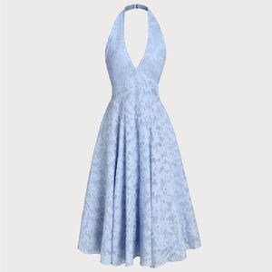 Rihoas Blue Textured Backless Halter Midi Dress